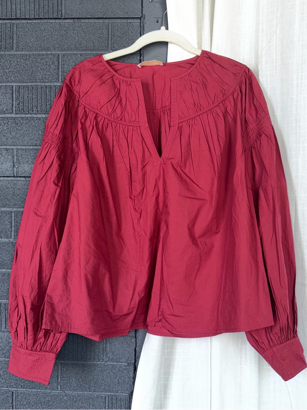 Ulla Johnson Ora Poplin Blouse Burgundy Split Neck Bishop Sleeve Sz 10 Cotton